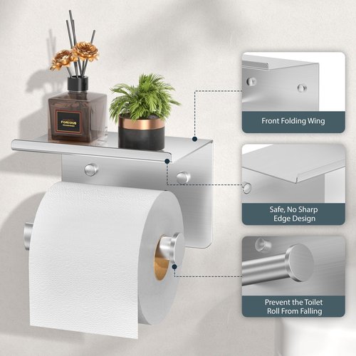 FORIOUS Toilet Paper Holder with Shelf, Adhesive or Screw Wall Mount Toilet Roll Holder for Bathroom, Rustproof 304 Stainless Steel Commercial Toilet Tissue Holder with Phone Shelf, Brushed Nickel