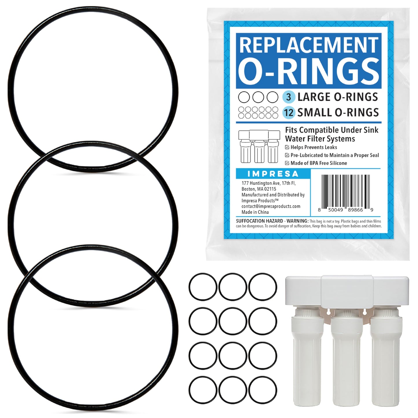 Impresa 15-Piece O-Ring Variety Pack for Water Filters - Compatible with Aquasana Claryum AQ - Black Silicone - 5300 Under Sink Water Filter System - Pre-Lubricated Leak-Sealing O Rings