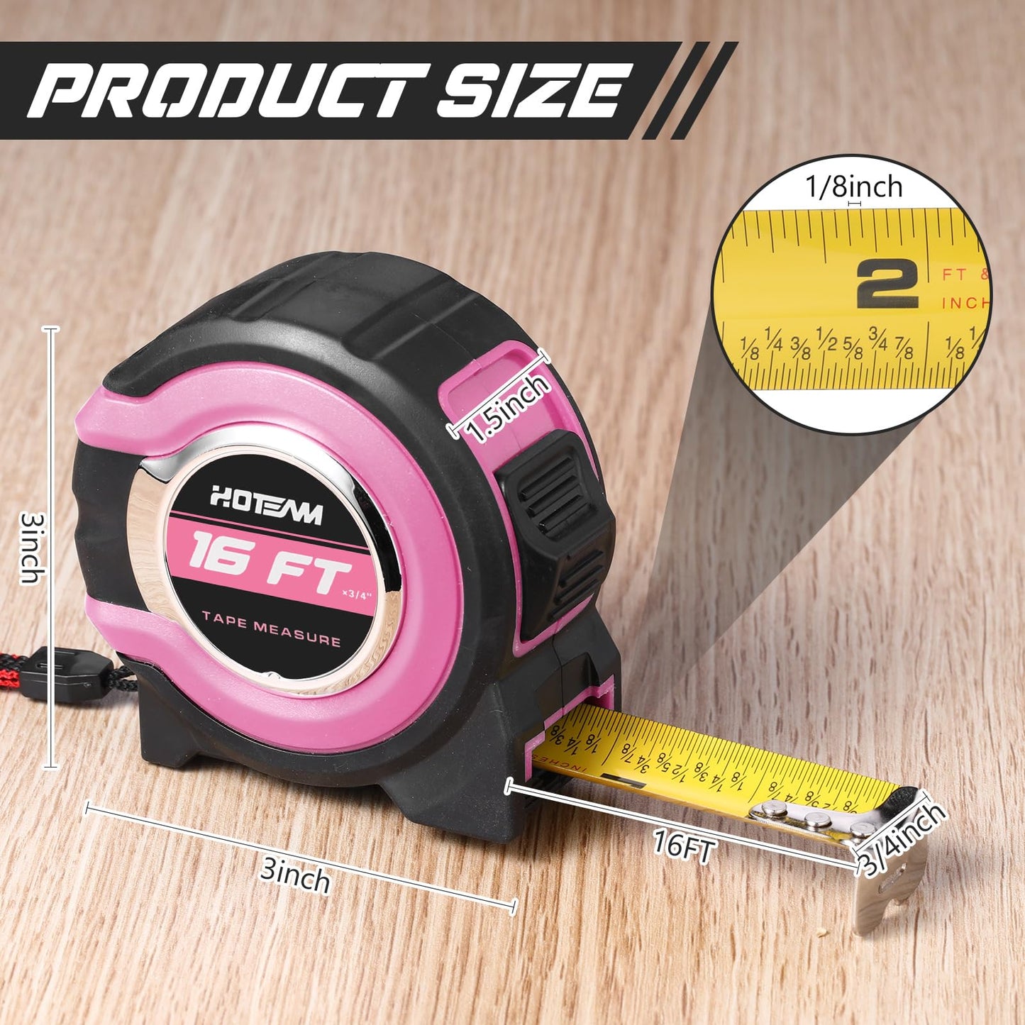 Hoteam 2 Pcs Pink Tape Measure Retractable with 1/8 Fractions Lightweight Pink Measuring Tape Accuracy 1/32 with Magnetic Hook Lock Button Easy to Read Measurement Tools(16 ft)