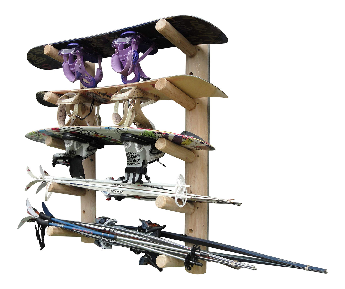 5-Place Wall-Mounted Skis/Snowboard Log Rack - Poles & Ski Wall Mount, Snowboards Wall Rack, Indoor & Outdoor Ski Holders for Walls, Hangers for Skis Indoor Storage - Unfinished