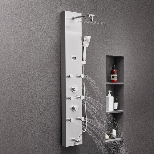 VEVOR Shower Panel Tower System with Rainfall Shower Head, LED, 49 in Brushed Stainless Steel Shower Column, 4-Function Faucet, Wall-Mount Rain Massage System with 6 Body Jets, Handheld, and Tub Spout