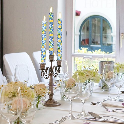 FYSUIMU Lemon Flameless LED Taper Candles Summer Blue Tiles Yellow Lemon Battery Operated Candlesticks Chinoiserie Electric Candle Table Centerpiece for Home Bedroom Dining Room Wedding, 6Pcs
