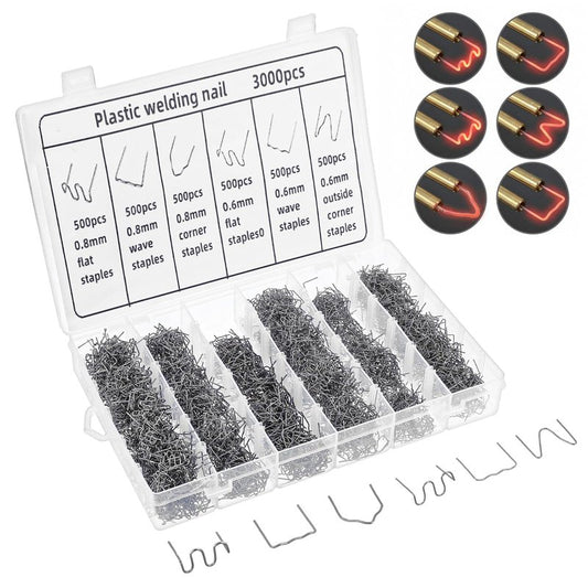 Afcabakila 3000 pcs Plastic Welding Staples, 6 Types Extra Large Wave Repair Welding Staples for Hot Stapler, 0.8mm 0.6mm Staple with Storage Box for Decoration,Fix Repair Car Bumpers, Plastic Cracks