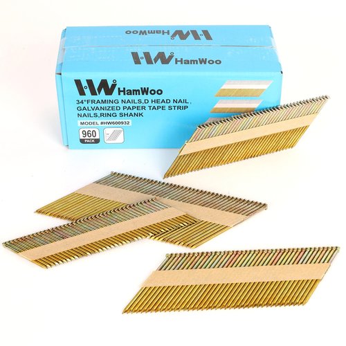 HW HAMWOO 34°Framing Nails,D Head Nail Pack,960-Pack (2"- 240Pcs,2-1/2"- 240Pcs,3"- 240Pcs, 3-1/2"- 240Pcs),Galvanized Paper Tape Strip Nails,Ring Shank,for 30 to 34 Degree Framing Nailer