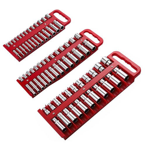 Reniteco Magnetic Socket Organizer Set, 3-Piece Red Portable Magnetic Socket Holder Tray, Heavy Duty Socket Racks For 1/2-inch& 3/8-inch& 1/4-inch Drive, Hold 76 Sockets - Fit Shallow&Deep Sockets
