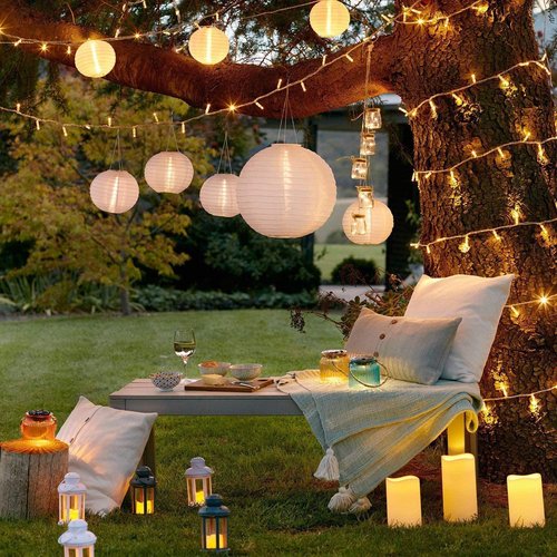 HAUSPROFI Paper Lanterns, 6" 8" 10" 12" Round Paper Lantern with LED Lantern Lights for Indoor and Outdoor Decoration - (Lanterns: 12pcs, Warm White Lights: 12pcs)