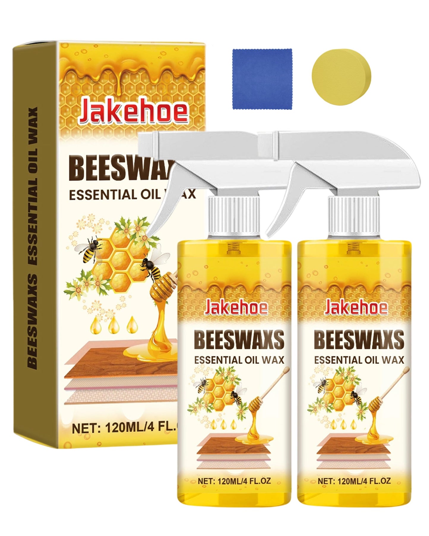 JAKEHOE Beeswax Wood Polish, Natural Beeswax Spray for Dull Furniture Care, Cleans, Polishes, Protects, Non-Greasy Wood Cleaner for Furniture, Floors (2PCS*120ML)