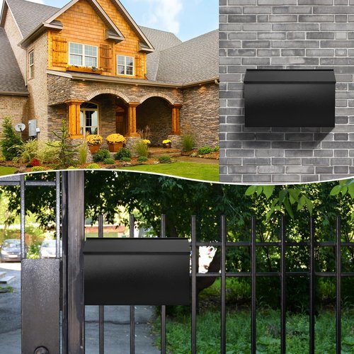 KYODOLED Wall-Mount Mailbox for House, Large Capacity Mail Box, Galvanized Steel Rust-Proof Metal Post Box, Mailboxes for Outside,15.7"x9.9"x4.9" Black