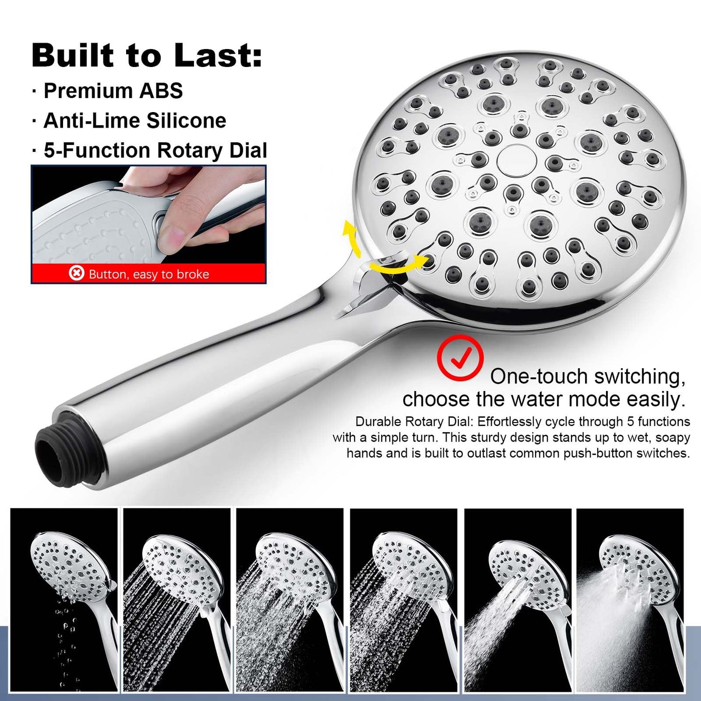 SonTiy 9" Shower Head with Handheld Spray, Rain Shower Heads System, 5 Spray Mode Handheld, Modern Shower System with Easy Reach Diverter, 72'' Hose and Height Adjustable Holder, Chrome