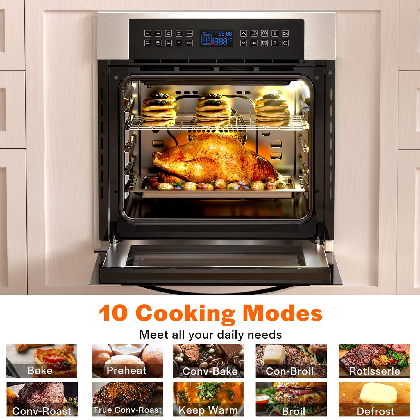 Empava 24 Inch Electric Single Wall Oven 10 Cooking Functions Deluxe 360° ROTISSERIE with Sensitive Touch Control in Stainless Steel