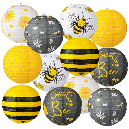 Panelee 12 Pcs Bee Paper Lanterns Party Decorations 8 Inch Hanging Round Hanging Paper Party Decorations for Holiday Indoor Outdoor Supplies