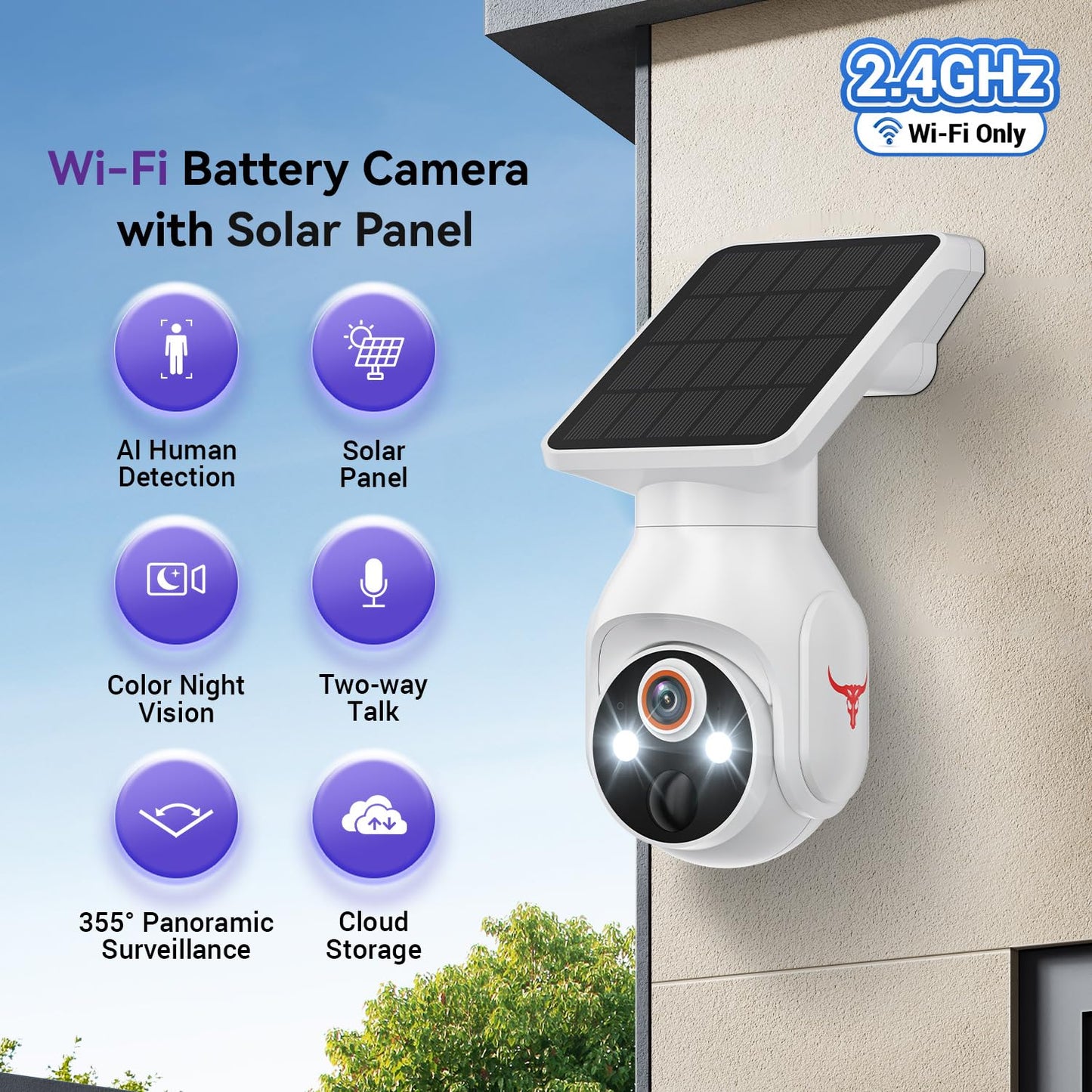 MeshSear 1080P Solar Security Cameras Wireless Outdoor, 360° View Pan/Tilt, Color Night Vision, Easy to Install, Real-Time Alerts, 2-Way Audio, Cloud Storage (Sold Separately), 2.4Ghz Wi-Fi Only