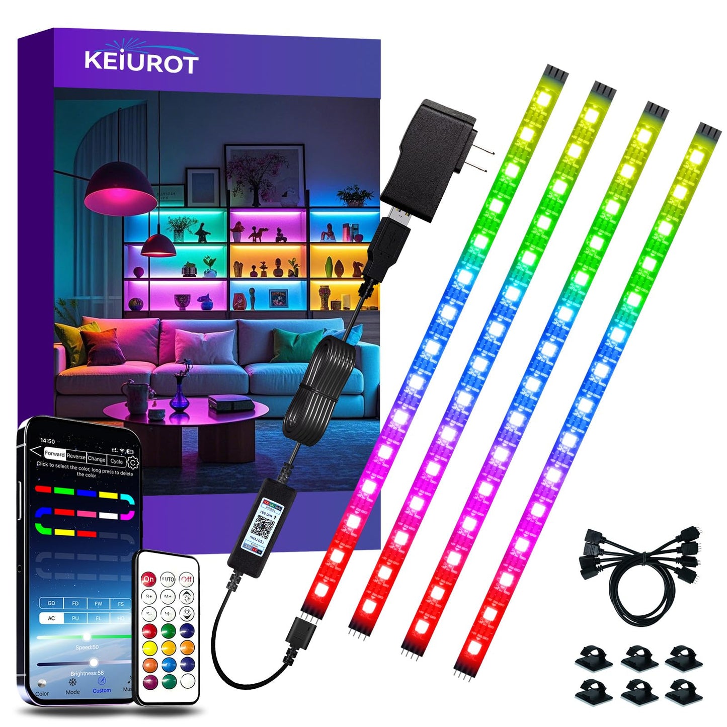 Keiurot 4 Pre-Cut RGB LED Strip Lights with App Remote Control, 5V USB