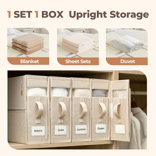 4 Pack Sheet Storage Organizer (King & Queen Size) with handle, Foldable Sheet Set Organizer for Linen Closet, Sheet Organizer for Blanket, Coverlet and Towel, Beige