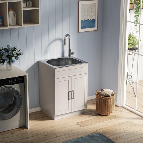 ANCTOR 24 Inch Laundry Sink with Cabinet, Stainless Steel Utility Sink Cabinet with Pull-Out Hot/Cold Faucet Metal Hooks Freestanding Deep Utility Sink for Laundry Utility Room Kitchen Garage