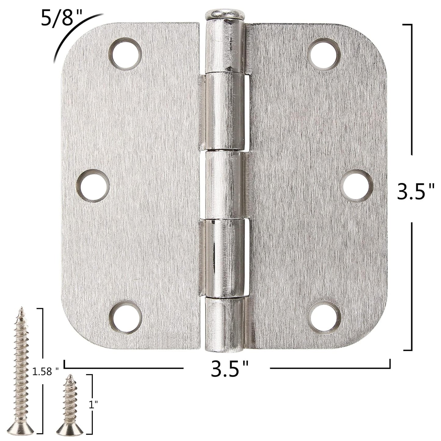 24 Pack Brushed Nickel Door Hinges 3.5 x 3 1/2 Inch Interior Rounded 5/8" Radius Corners Iron Bifold Silver Residential Satin Nickels Hinge for Doors Hardware Kit Office Bedroom Study Living Room