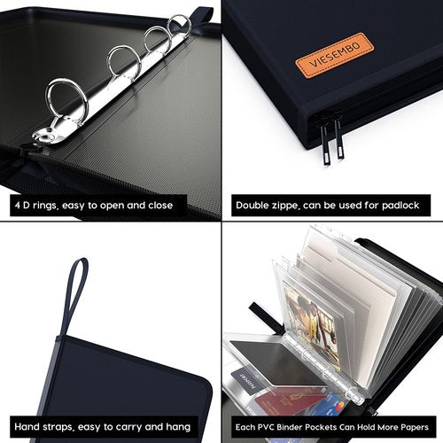 Important Document Organizer Zipper Binder,Fireproof Document Bag for Birth Certificate Protector, Waterproof Bill Organizer in Case I Go Missing Binder for Home Safe, 4 Ring Receipt Holder(Blue)