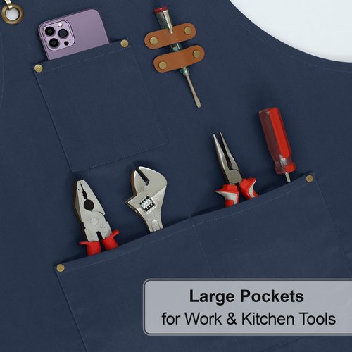 RUVANTI Work Aprons for Men, Oil & Water Repellent, PolyCotton Cross Back Aprons for Women with Pockets, Adjustable up to XXL, Chef Aprons for Cooking, Grilling, Welding, Woodworking - Blue Aprons