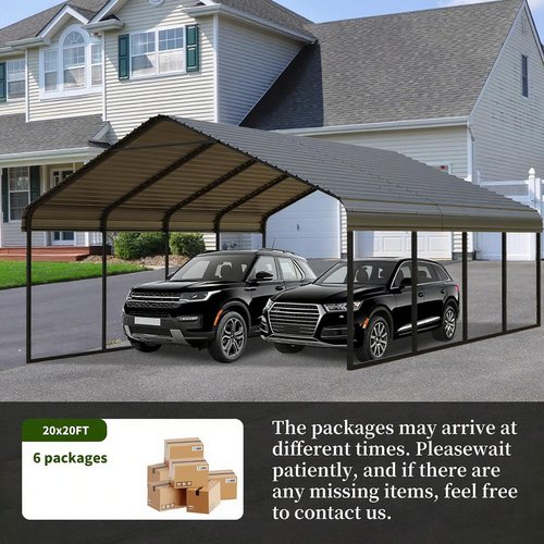 Galvanized Steel Carport - All-Weather Vehicle Shelter with Wind-Resistant Roof, Portable Garage Cover for Cars, Trucks, Boats in Yard (Grey, 20x20 FT)