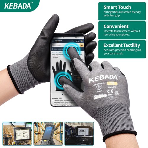 Kebada W1 Work Gloves for Men and Women, PU Coated Safety Gloves with Grip, Touchscreen, Ideal for Warehouse Package Handling, Construction, Gardening, Gray Large