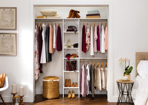 ClosetMaid SuiteSymphony Wood Closet Organizer Starter Kit with Tower and 3 Hang Rods, Shelves, Adjustable, Fits Spaces 4 – 9 ft. Wide, Engineered Wood, Pure White, 16"