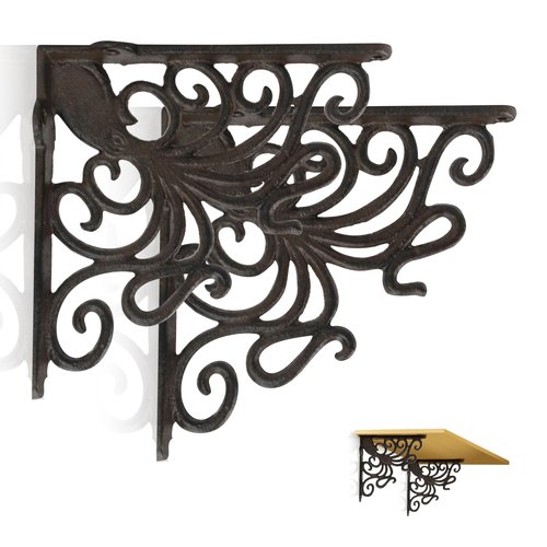 Linton Arts Octopus Cast Iron Shelf Brackets – 7.04"x7.04" Decorative Metal Corner Brackets for Wall Mounted Shelves – Nautical Themed Support with Screws, Set of 2