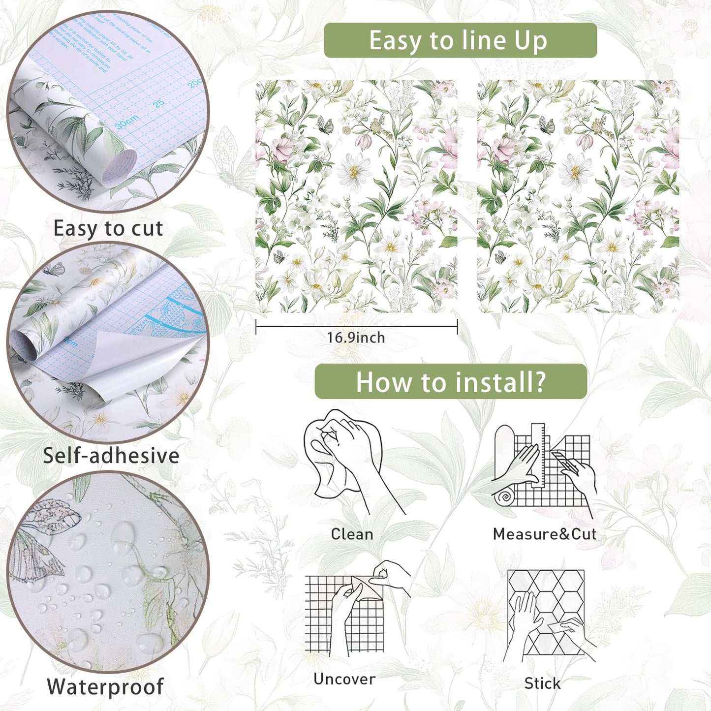 Livebor Floral Peel and Stick Wallpaper Floral Boho Contact Paper 16.9" x 118.1" Green Leaf Flower Wallpaper Peel and Stick Butterfly Botanical Self Adhesive Wall Paper for Bathroom Cabinets Vinyl