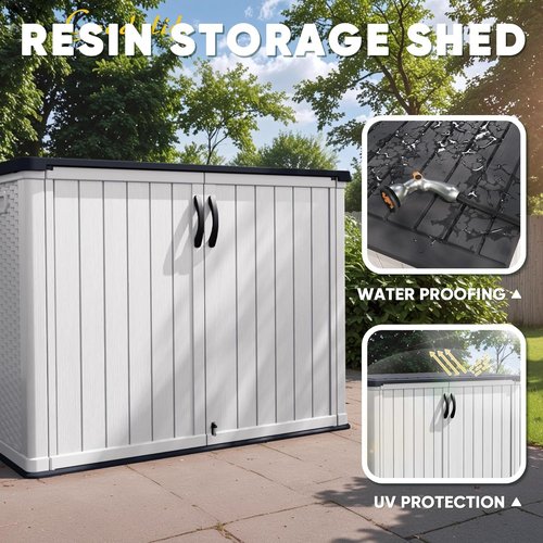Devoko Shelf of Resin Outdoor Storage Cabinet, 26 Cu Ft Outdoor Storage Shed Waterproof Patio Tools Storage Box (2 Pieces) (White)
