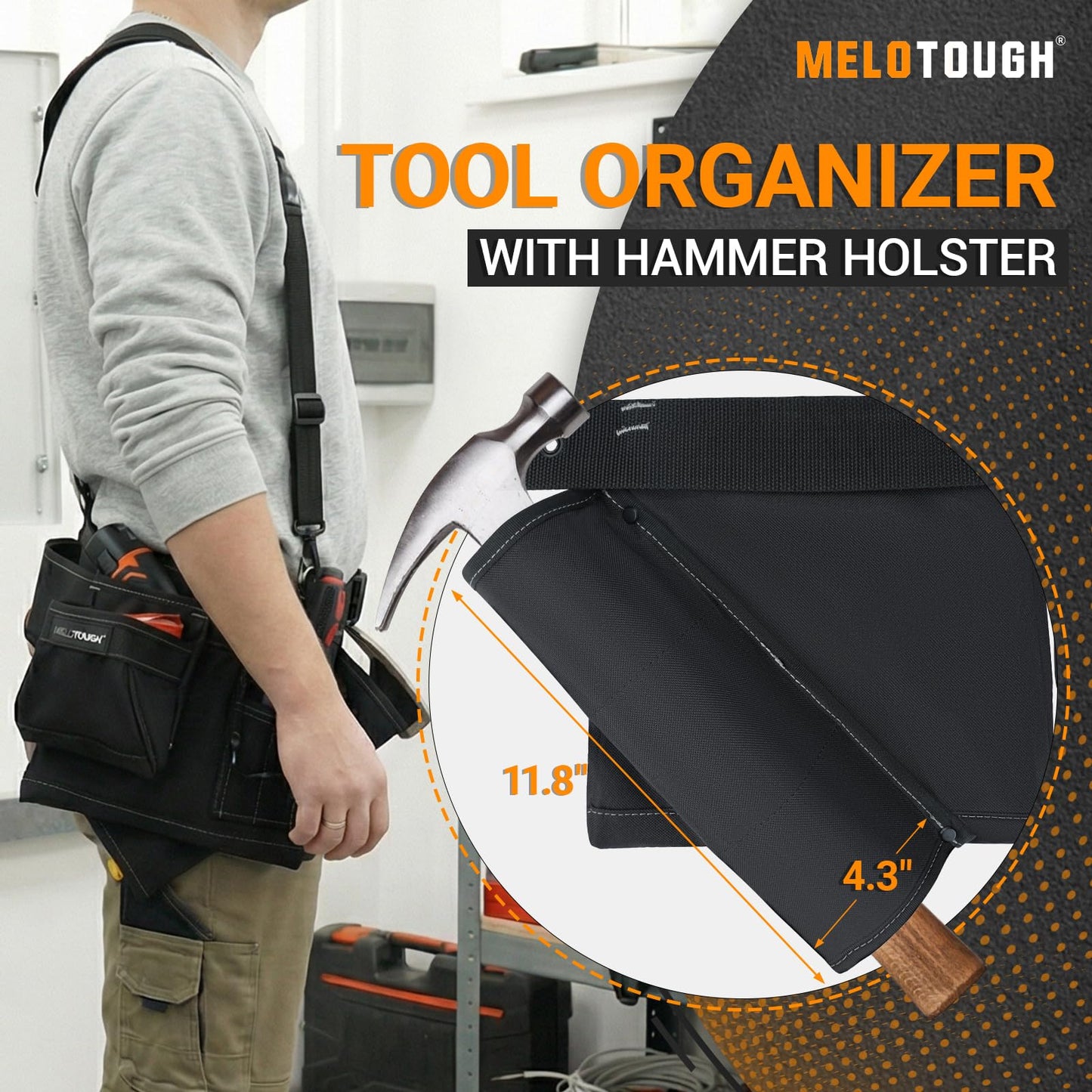 MELOTOUGH 14-Pocket Tool Belt Combo with Pouches for Electrician & Carpenter, Heavy Duty Adjustable Work Utility Belt for Men, Industrial-Grade Tool Rig Organizer, Work Apron（Black）