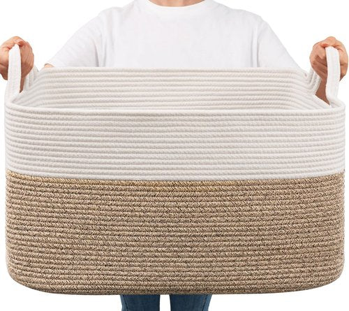Goodpick Large Woven Blanket Basket, 21.6" x 14.9" x 11.8" Storage Baskets for Organizing, Rectangle Cotton Rope Toy Basket for Living Room, Bedroom, White & Brown
