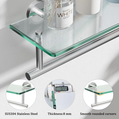 Alise Glass Shelves for Bathroom, 15.7 Inch Floating Glass Shelves for Wall,SUS304 Stainless Steel Floating Shelves for Bathroom, Toilet Room Decoration Brushed Finish GDL400BAR-LS