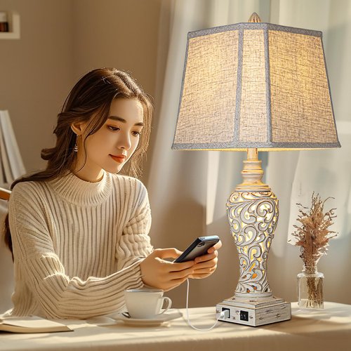 LuxSight Collection 28.5" Table Lamps Set of 2 - Bedside Lamp with Fabric Shades - for Bedroom and Living Room with USB and Nightlight - Perfect for Nightstands and Bedrooms