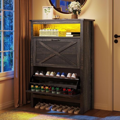 YITAHOME Shoe Cabinet, Entryway Shoe Storage Cabinets with Open Shelves and Led Light, Free Standing Hidden Shoe Rack Organizer with 2 Flip Drawers for Entryway/Hallway/Closet, Dark Rustic Oak