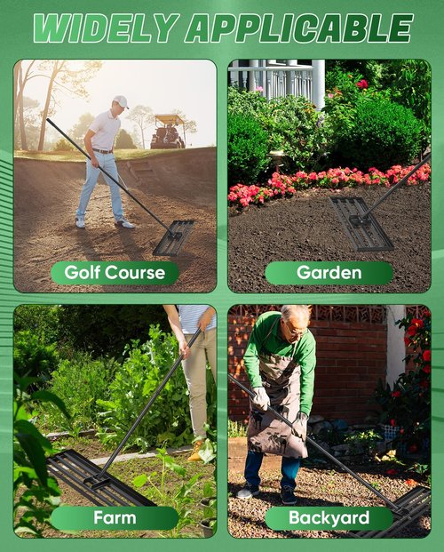 Saker Lawn Leveling Rake 30x10 Inch, 73-Inch Heavy Duty Lawn Leveler Tool with Stainless Steel Handle for Lawns, Backyard, Garden, Golf Course, Farm - Black