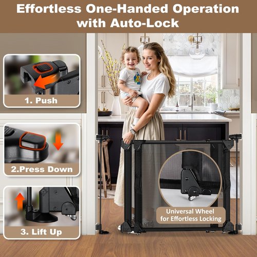 GRENFU 28" Tall No Drill Baby Gate No Bottom Bar, Sliding Dog Gate for Stairs No Drilling Expandable Baby Gate with Dual-Opening Walk Thru Door, 32-55" Adjustable Width & Angle Mesh Pet Gate, Black