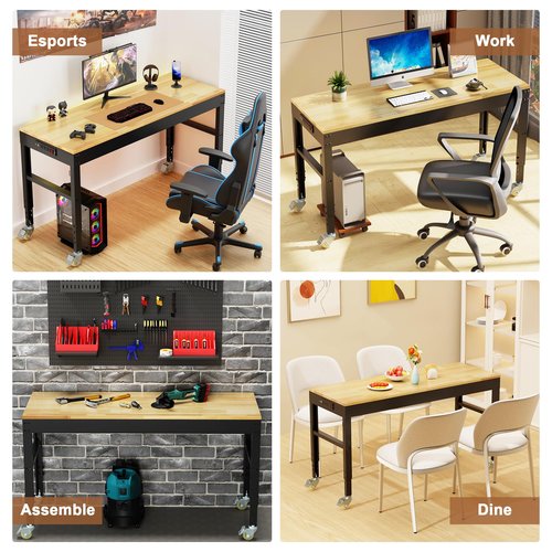 Antifir 60" Heavy Duty Workbench 1800 Lbs Capacity Solid Wood Working Bench Adjustable Height Rolling Work Tables with Power Outlets for Garage Shop Home Office