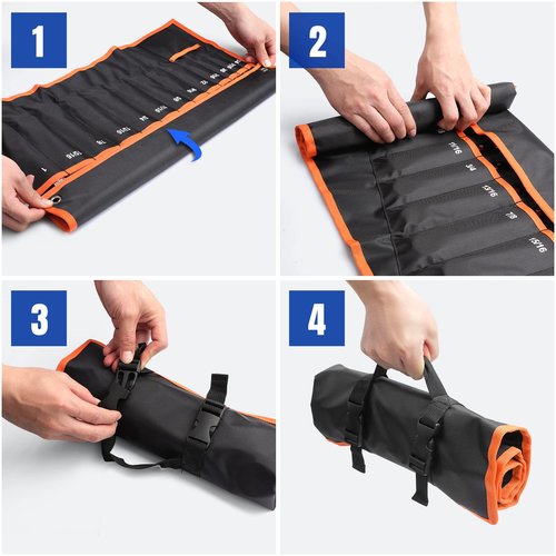 YOOFAN Wrench Roll Up Pouch – Wrench Organizer with 13+1 Pockets, Wrench Bag with handle, Wrench Holder for Hanging, Orange - SAE