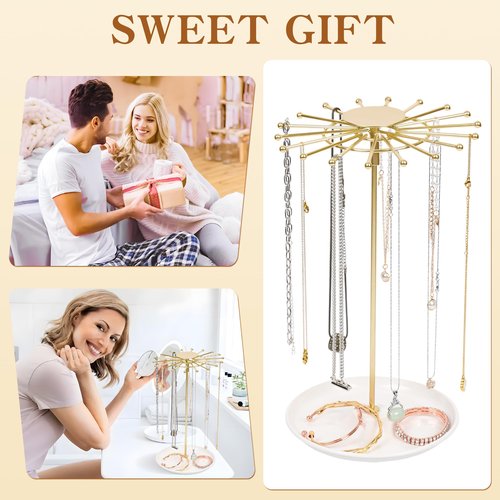 AmaQueen Rotating Necklace Hanger Organizer Tree with Jewelry Tray, Gold Spinning Necklace Chain Display Holder Stand Storage (Golden)