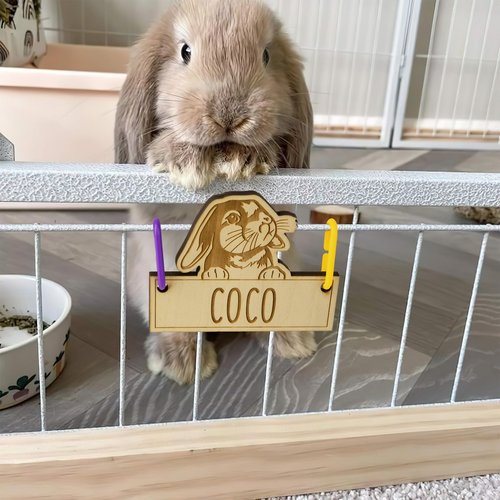 callie Personalized Rabbit Name Plates Sign, Custom 3.94'' × 4.33'' Wooden Rabbit Cage Tag with Hanging Loops and Engraved Name Cage, Birthday Gift for Pet Rabbit Owners