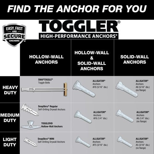 TOGGLER SNAPTOGGLE Heavy-Duty Drywall Toggle Bolt – 3/16"-24 UNC Zinc-Plated Anchor for Hollow Walls, Plaster & Tile – Holds 238 lbs in 1/2" Drywall, Easy Install – 10 Pack (with Bolts)
