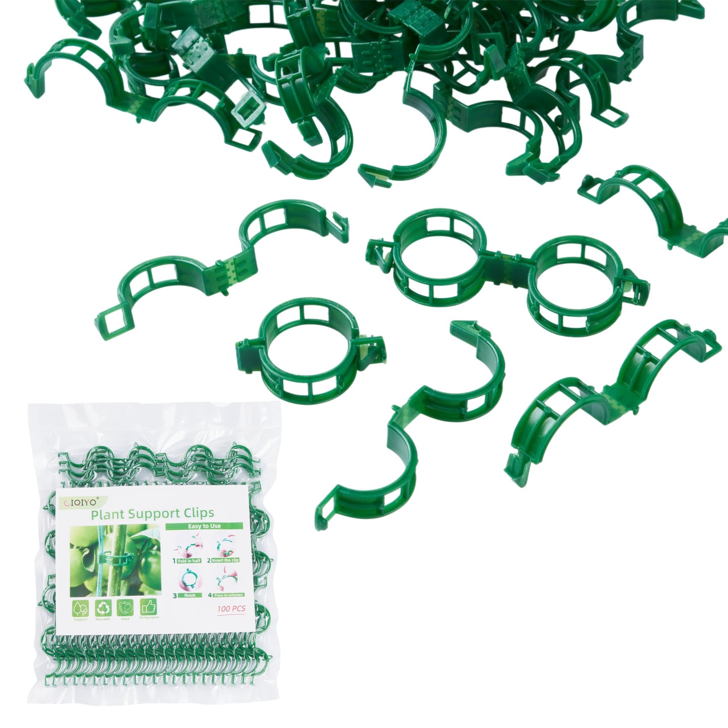 CIQIYO® 100 Pcs Plant Support Clips,Plastic Clips for Securing Plants,Tomato Vine Clips,Plant Fixing Clips,Garden Clips for Climbing Plants,Grape and Vine Vegetables (100, Green)