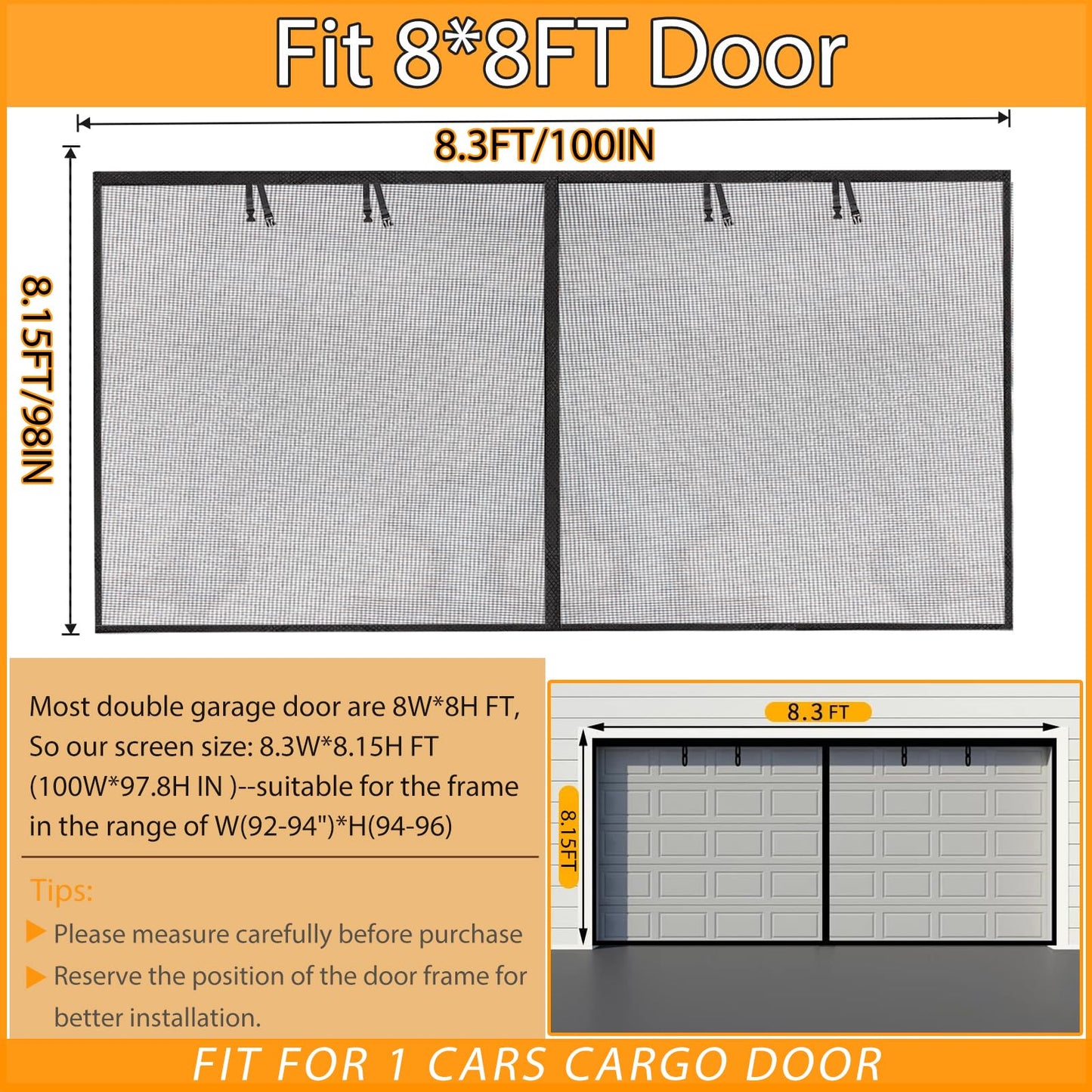 Garage Screen Doors for 1 car garage-8x8FT Fiberglass 1400g/4.1lb Durable Heavy Duty Magnetic Garage Door Screen Retractable Hands Free with 4 Roll Up Straps for Patio Workshop Home Gym Sun Room