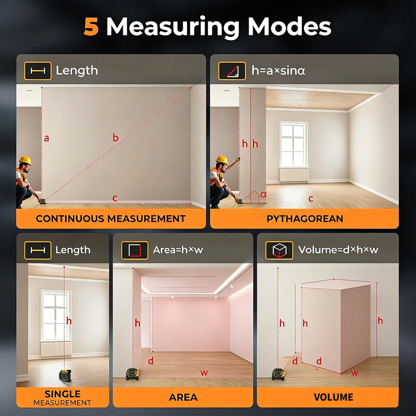 Voice Intelligent Tools 3-in-1 Laser Tape Measure ，Digital Measuring Tape Ruler-LCD Backlight 5M/16Ft Tape & Laser 100m/328Ft Rangefinder，Crosshairs Markings，Data Storage (Yellow, 100m/328ft)