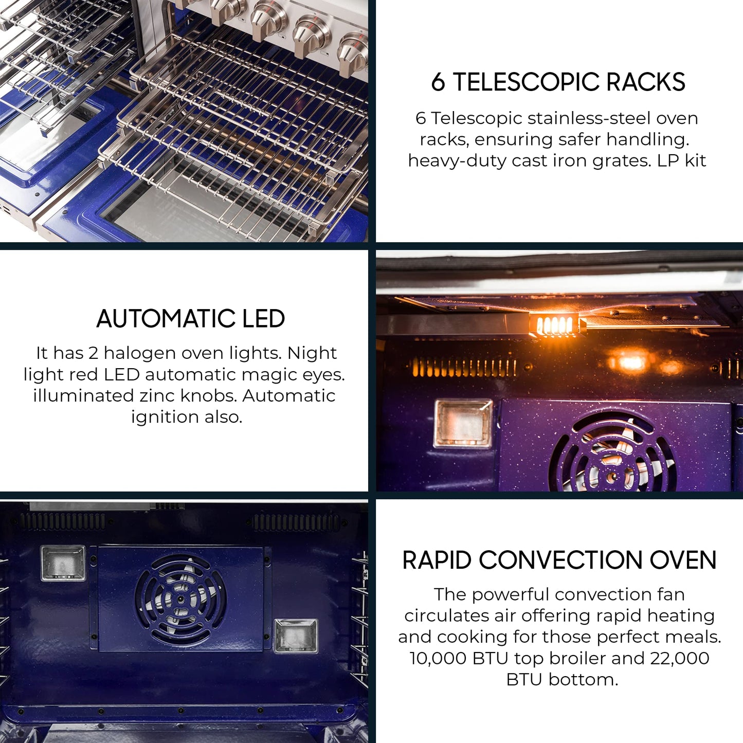 FORNO Capriasca Full Gas 48" Inch. Freestanding Range with 8 Sealed Burners Cooktop - 6.58 Cu.Ft. Double Gas Convection Oven Capacity, Stainless Steel Heavy Duty Cast Iron Grates.