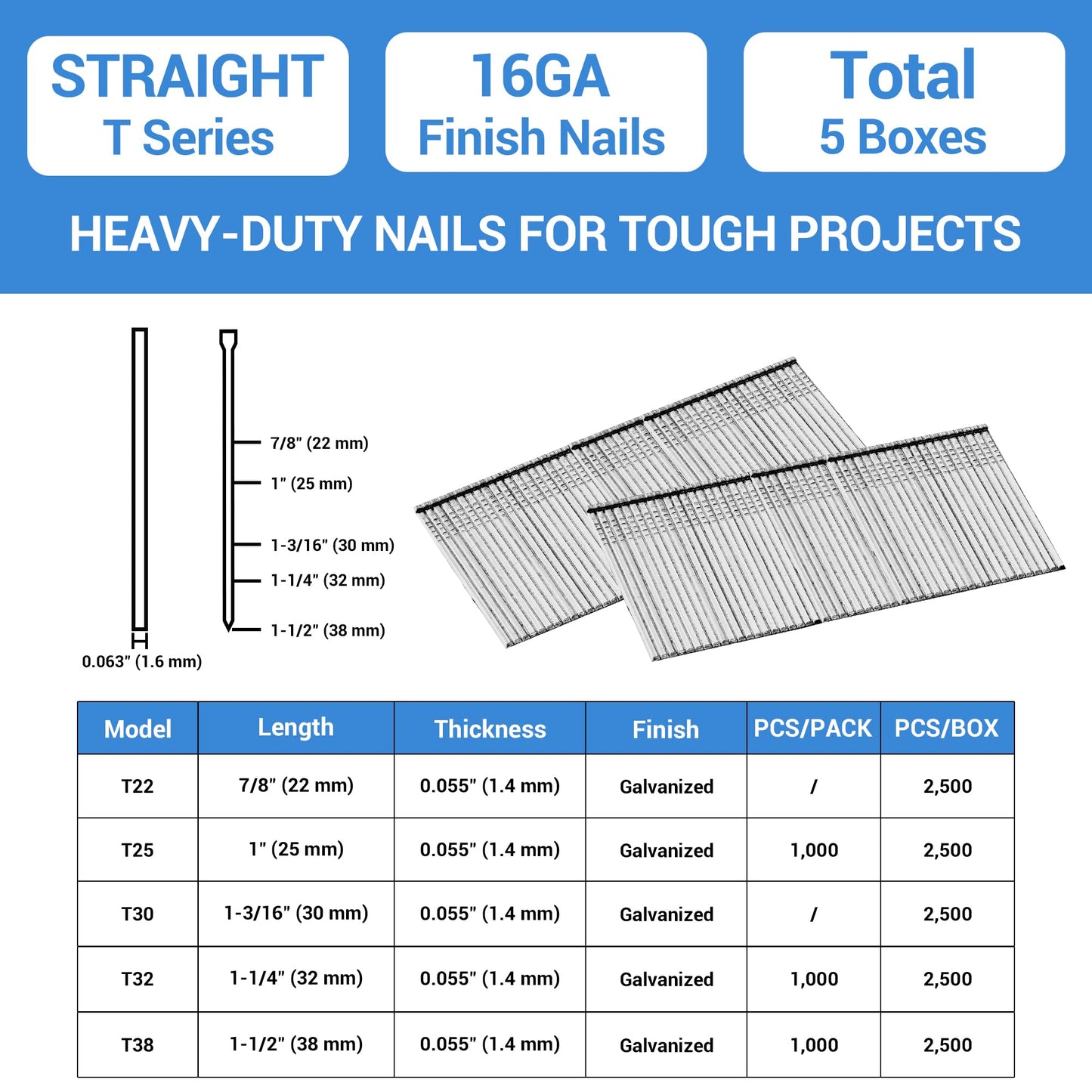 meite 16 Gauge Finish Nails 7/8 Inch Galvanized 16GA Straight Finishing Nails for Finish Nailer for Window Casing Baseboard Crown Molding, 5 Boxes/12,500PCS