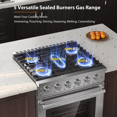 Empava Gas Range,True Convection Oven 4.55 Cu. Ft, 5 Deep Recessed Burners Cooktop, Heavy Duty Continuous Grates in Stainless Steel with Storage Drawer, Freestanding & Slide-in,30 Inch