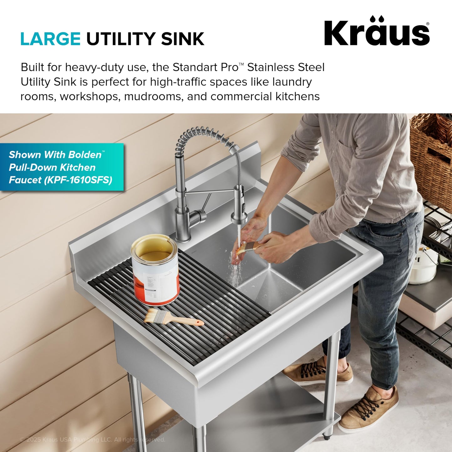 KRAUS Standart Pro 32 Inch 18-Gauge Stainless Steel Scullery Sink, 24 Gallon Freestanding Commercial Style Single Bowl Laundry & Utility Sink, KHS230-32