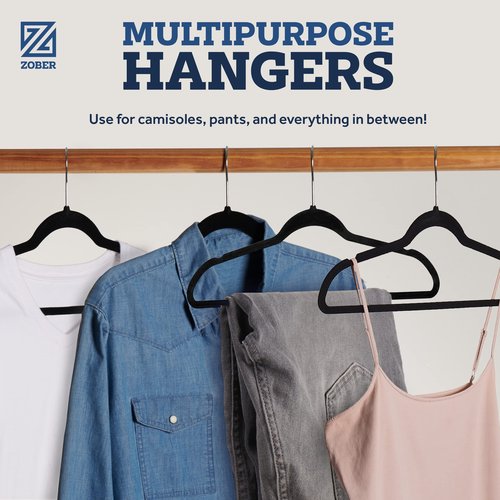 Zober Velvet Hangers 50 Pack - Black for Coats, Pants & Dress Clothes - Non Slip w/ 360 Degree Swivel, Holds up to 10 lbs - Strong Felt Hangers for Clothing