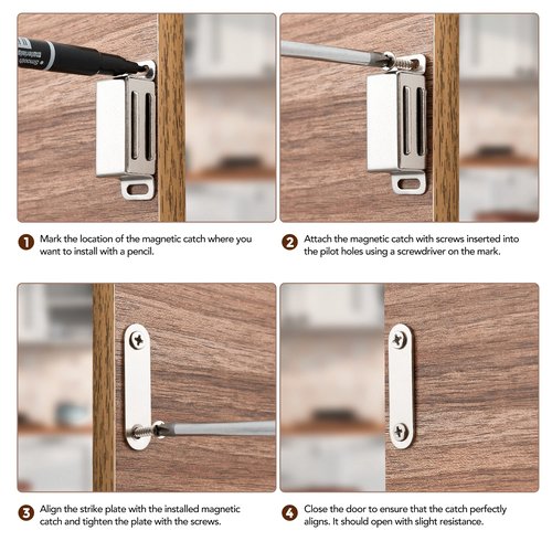 Ravinte 4 Pack Silver Magnetic Door Catch, Brushed Satin Nickel Cabinet Magnets, Strong Magnetic Catch Latch for Kitchen Cabinets, Drawers & Cupboards, Stainless Steel Closures