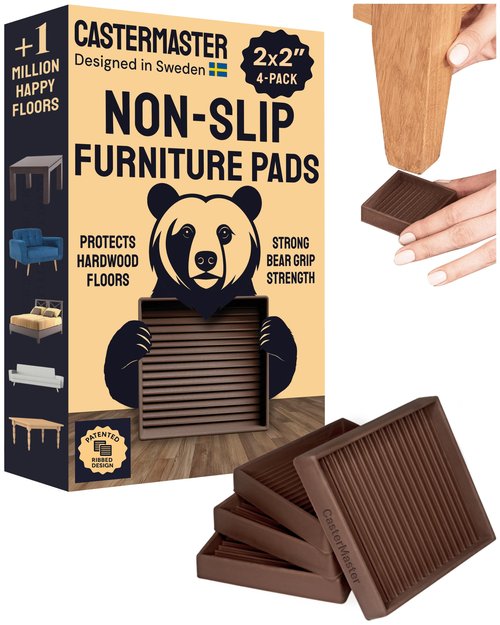 CasterMaster Non-Slip Furniture Pads Square Rubber Anti-Skid Caster Cups, Leg Coasters - Anti-Sliding Floor Protectors for Furniture (Brown, 2'' x 2'' - 4 Pack) - Couch Grips to Prevent Sliding